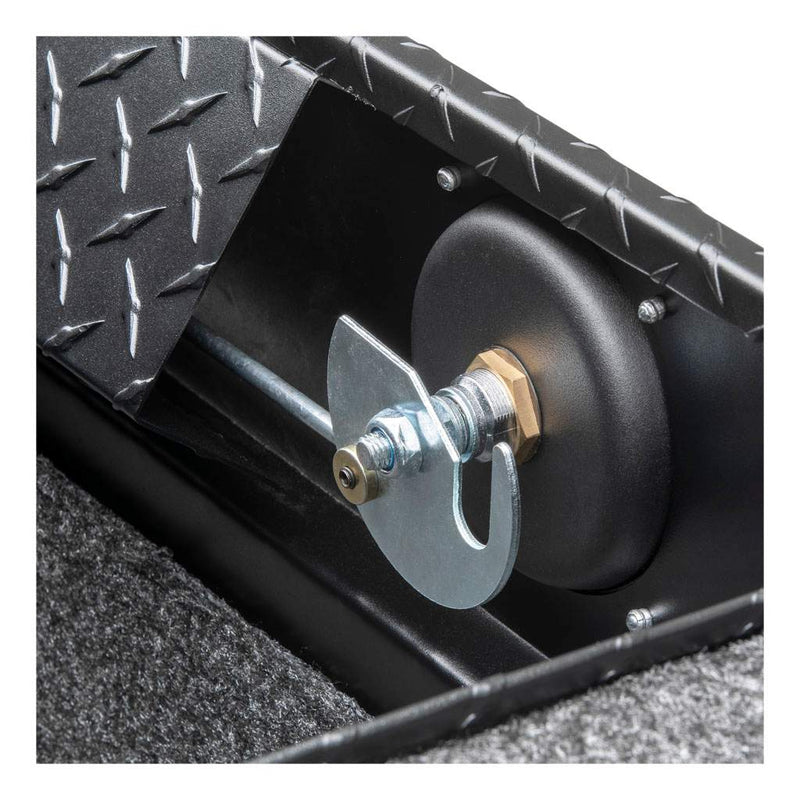 UWS SL-72-LP-MB-R 72" matte black crossover truck tool box, interior lock rod and lid stay detail
