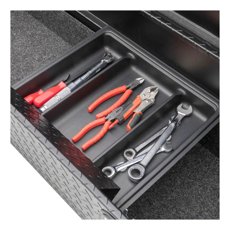 UWS SL-72-LP-MB-R 72" matte black crossover truck tool box, sliding tool tray loaded with hand tools