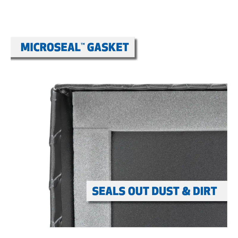 UWS SL-72-LP-MB-R 72" matte black crossover truck tool box, MicroSeal gasket close-up