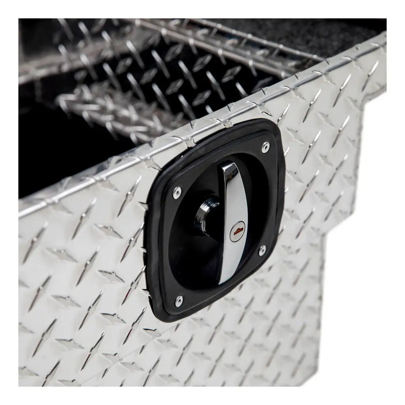 UWS SL-72-LP-R 72" bright aluminum crossover truck tool box, stainless steel paddle lock handle close-up