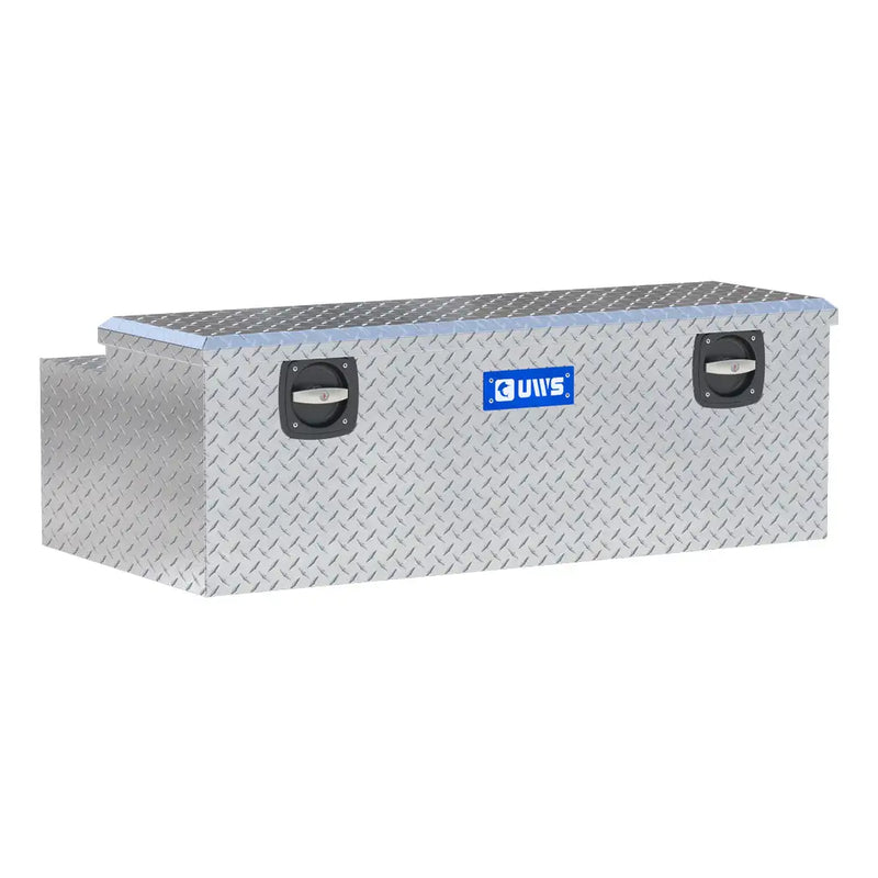UWS 48" Secure Lock Under Tonneau Chest Box in bright aluminum, front three-quarter studio view with the lid closed