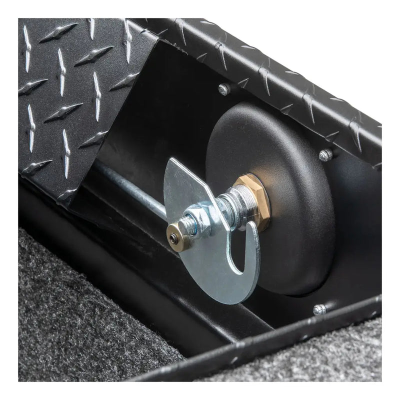 UWS SLD-69-A-LP-MB 69" matte black crossover truck tool box, interior lock rod and lid stay detail