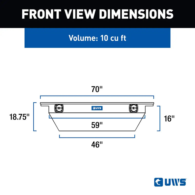 UWS SLD-69-A-LP-MB crossover truck tool box dimension drawing with overall and tub measurements