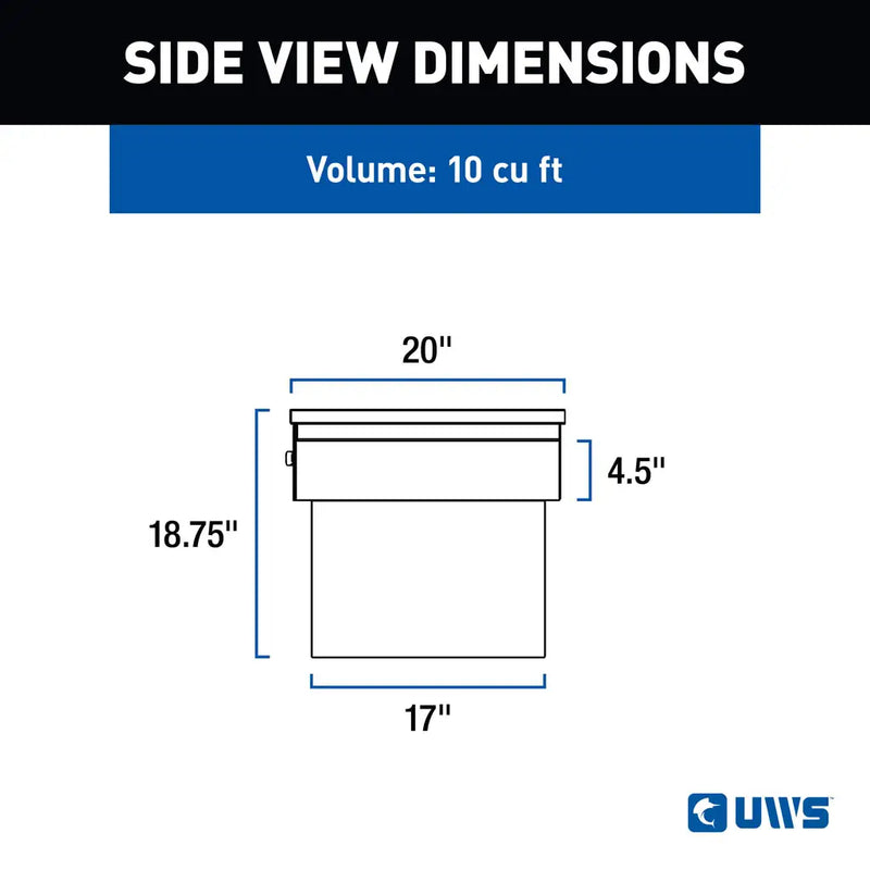 UWS SLD-69-A-LP-MB crossover truck tool box dimension drawing with overall and tub measurements (view 2)