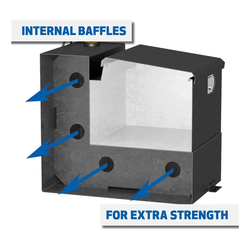 UWS ST-100-COMBO-MB 100-gallon combo transfer tank in matte black, cutaway diagram captioned INTERNAL BAFFLES FOR EXTRA STRENGTH