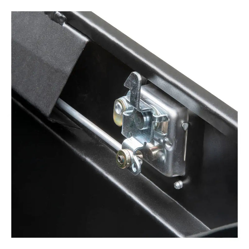 UWS ST-100-COMBO-MB 100-gallon combo transfer tank in matte black, close-up of the internal lock rod and latch