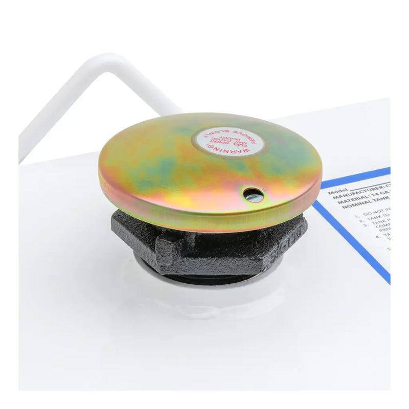 UWS ST-100-COMBO-W 100-gallon combo transfer tank in white, close-up of the lockable vented fill cap