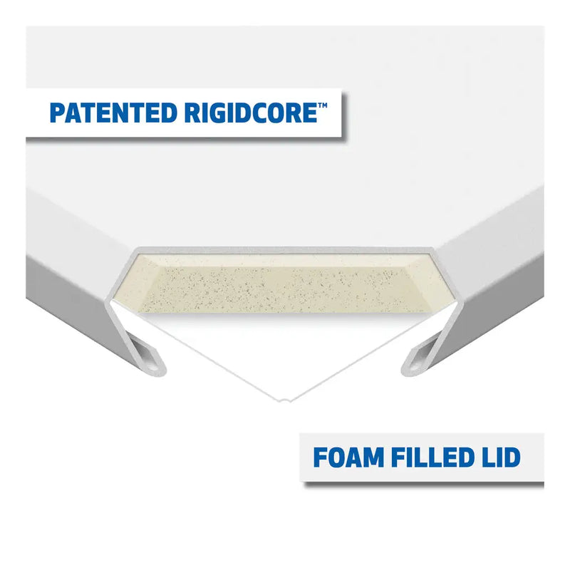UWS ST-100-COMBO-W 100-gallon combo transfer tank in white, cutaway diagram captioned PATENTED RIGIDCORE FOAM FILLED LID