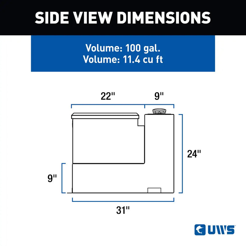UWS ST-100-COMBO-W 100-gallon combo transfer tank in white, SIDE VIEW DIMENSIONS drawing with measurements