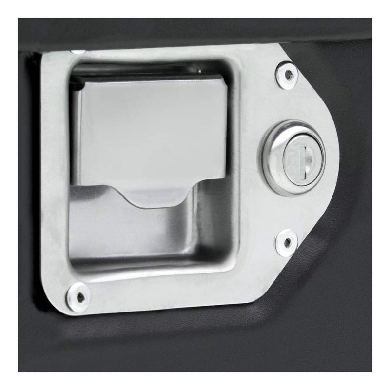 UWS ST-100HH-CB-MB 100-gallon combo hammerhead transfer tank in matte black, close-up of a stainless steel paddle lock handle