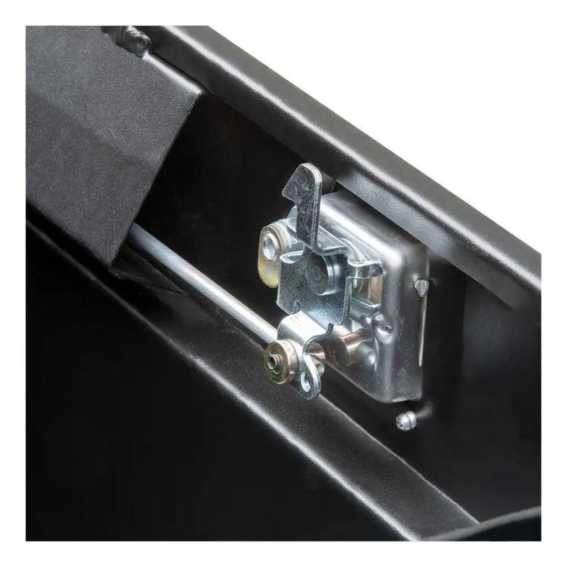 UWS ST-100HH-CB-MB 100-gallon combo hammerhead transfer tank in matte black, close-up of the internal lock rod and latch