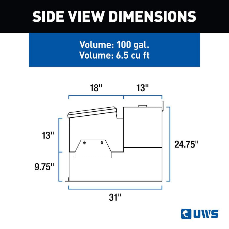 UWS ST-100HH-CB-MB 100-gallon combo hammerhead transfer tank in matte black, SIDE VIEW DIMENSIONS drawing with measurements