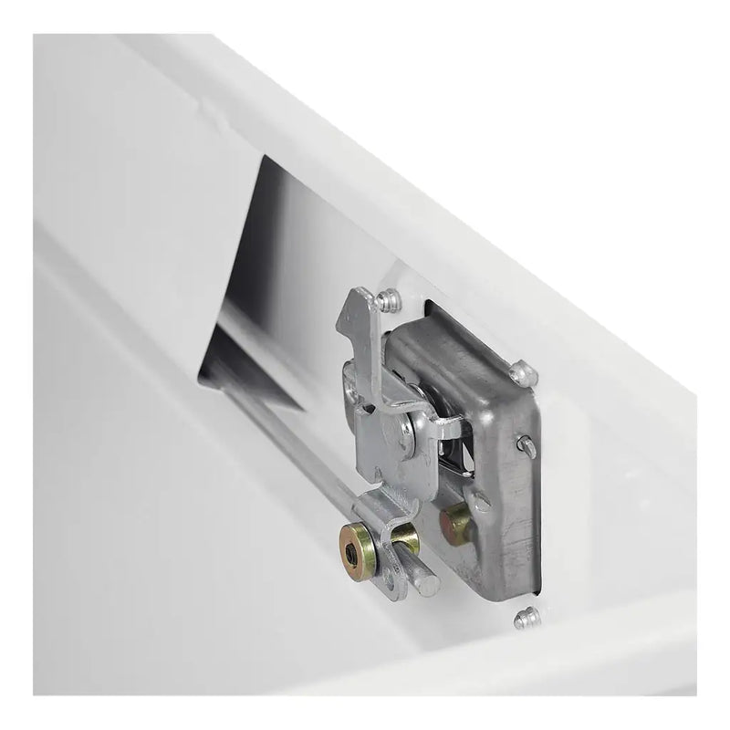 UWS ST-100HH-CB-W 100-gallon combo hammerhead transfer tank in white, close-up of the internal lock rod and latch