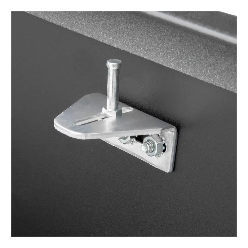 UWS ST-75-COMBO-MB 75-gallon combo transfer tank in matte black, close-up of the lid stay bracket
