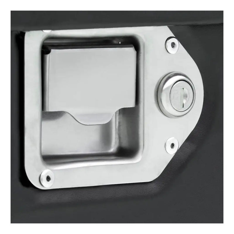 UWS ST-75-COMBO-MB 75-gallon combo transfer tank in matte black, close-up of a stainless steel paddle lock handle