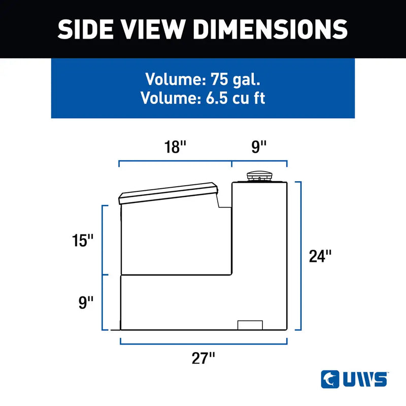 UWS ST-75-COMBO-MB 75-gallon combo transfer tank in matte black, SIDE VIEW DIMENSIONS drawing with measurements