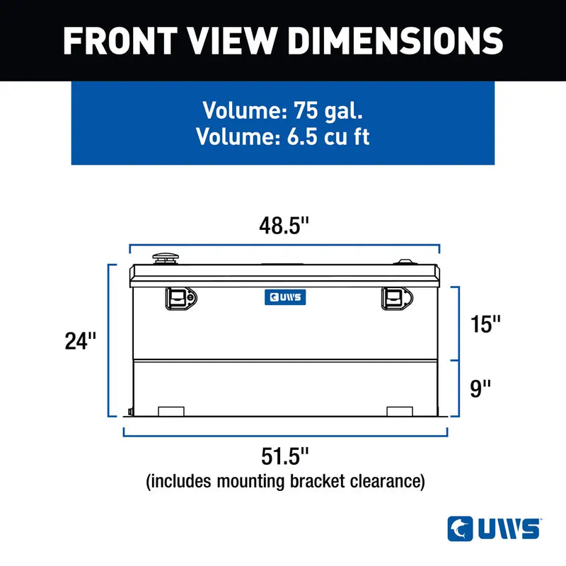 UWS ST-75-COMBO-W 75-gallon combo transfer tank in white, FRONT VIEW DIMENSIONS drawing with measurements