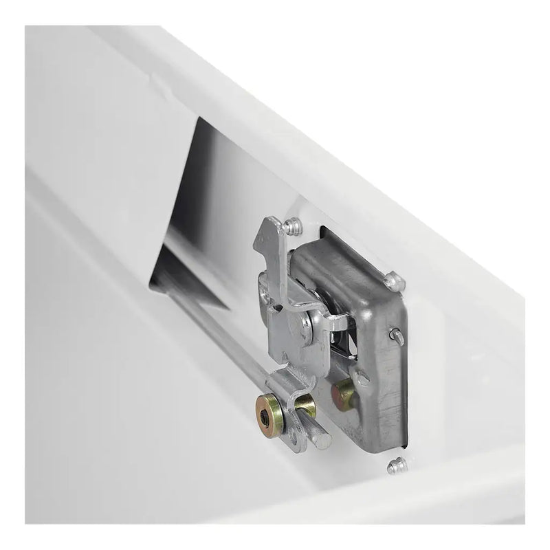 UWS ST-75-COMBO-W 75-gallon combo transfer tank in white, close-up of the internal lock rod and latch
