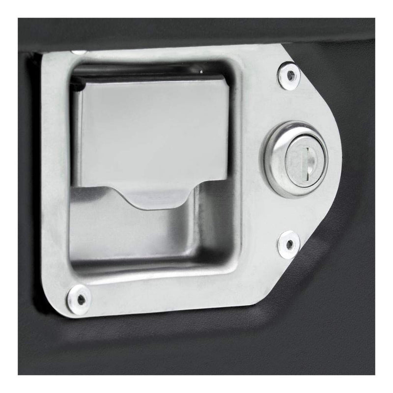 UWS ST-85-COMBO-MB 85-gallon combo transfer tank in matte black, close-up of a stainless steel paddle lock handle