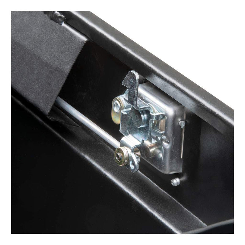 UWS ST-85-COMBO-MB 85-gallon combo transfer tank in matte black, close-up of the internal lock rod and latch