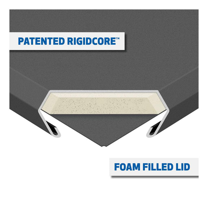 UWS ST-85-COMBO-MB 85-gallon combo transfer tank in matte black, cutaway diagram captioned PATENTED RIGIDCORE FOAM FILLED LID
