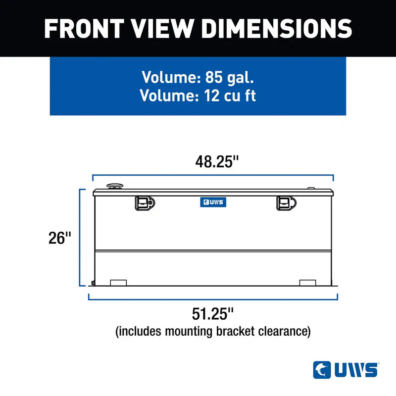 UWS ST-85-COMBO-W 85-gallon combo transfer tank in white, FRONT VIEW DIMENSIONS drawing with measurements