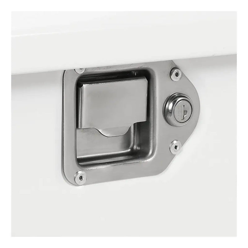 UWS ST-85-COMBO-W 85-gallon combo transfer tank in white, close-up of a stainless steel paddle lock handle