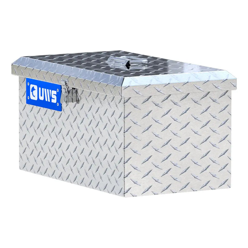 UWS Aluminum Tote Box, 21" x 12.25" x 11.25", studio angle, opened from the side
