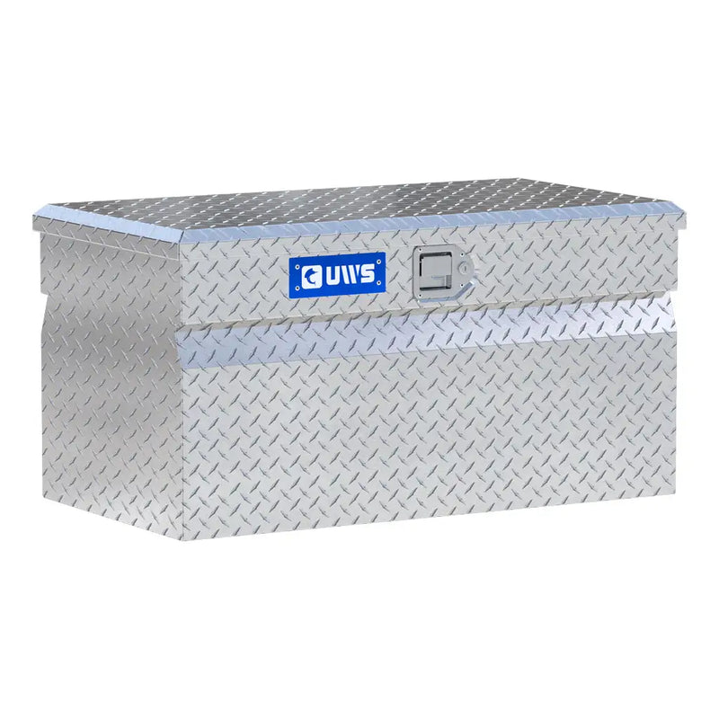 UWS 36" Utility Chest Box in bright aluminum, front three-quarter studio view with the lid closed