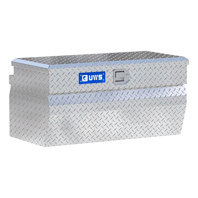 UWS 36" Wedge Utility Chest Box in bright aluminum, front three-quarter studio view with the lid closed
