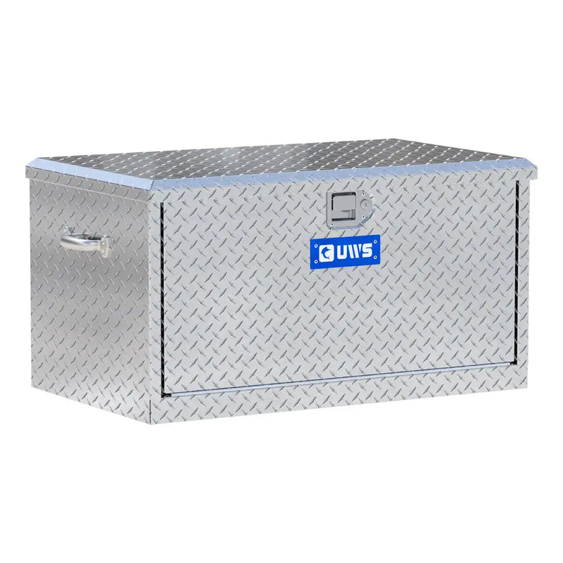 UWS 38" Utility Chest Box with Drawers in bright aluminum, front three-quarter studio view with the lid closed