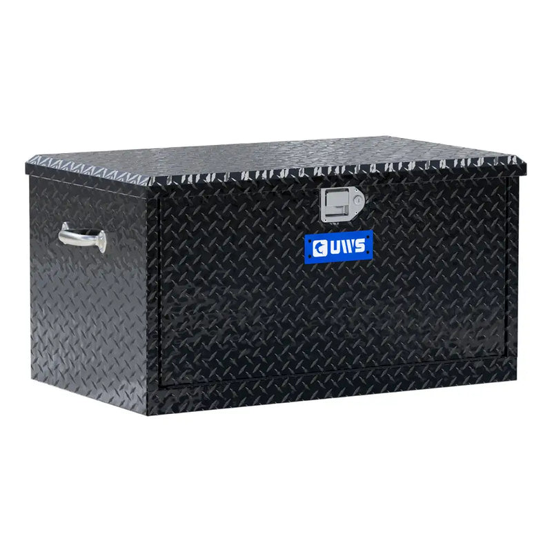 UWS 38" Utility Chest Box with Drawers in gloss black, front three-quarter studio view with the lid closed