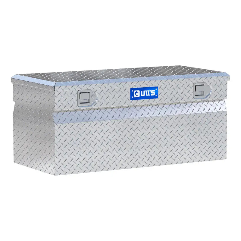 UWS 42" Utility Chest Box in bright aluminum, front three-quarter studio view with the lid closed