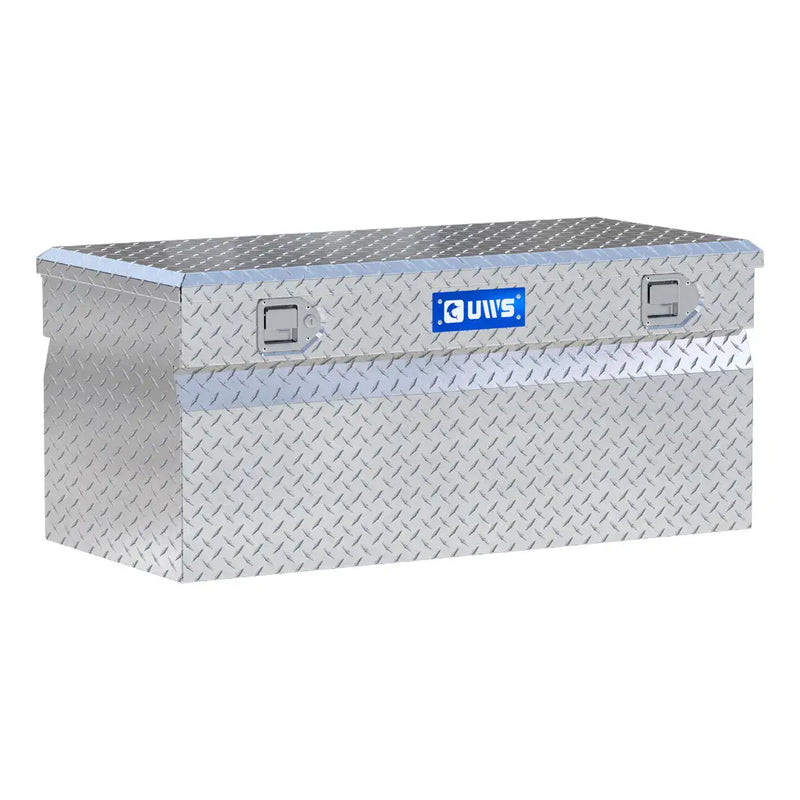UWS 42" Wedge Utility Chest Box in bright aluminum, front three-quarter studio view with the lid closed
