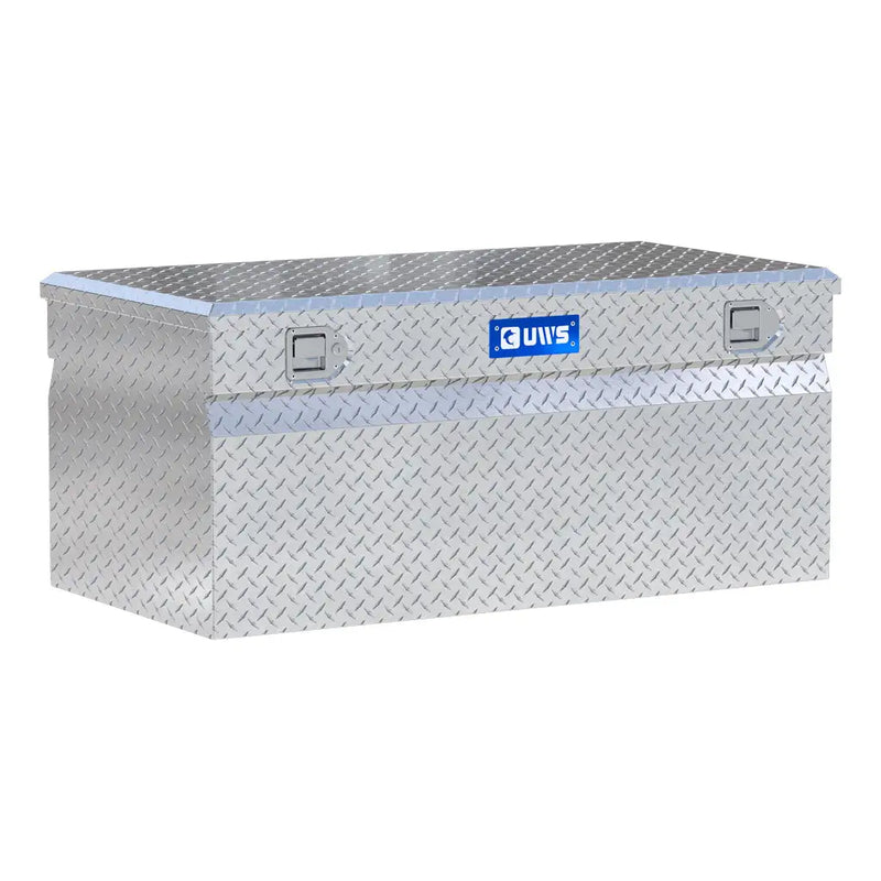 UWS 48" Utility Chest Box in bright aluminum, front three-quarter studio view with the lid closed