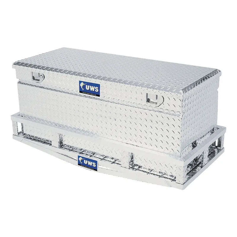 UWS 48" Cargo Carrier Chest Box mounted on the UWS aluminum cargo carrier, three-quarter view