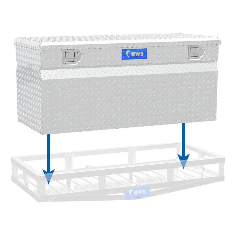 UWS 48" Cargo Carrier Chest Box shown positioned above the UWS cargo carrier with alignment arrows