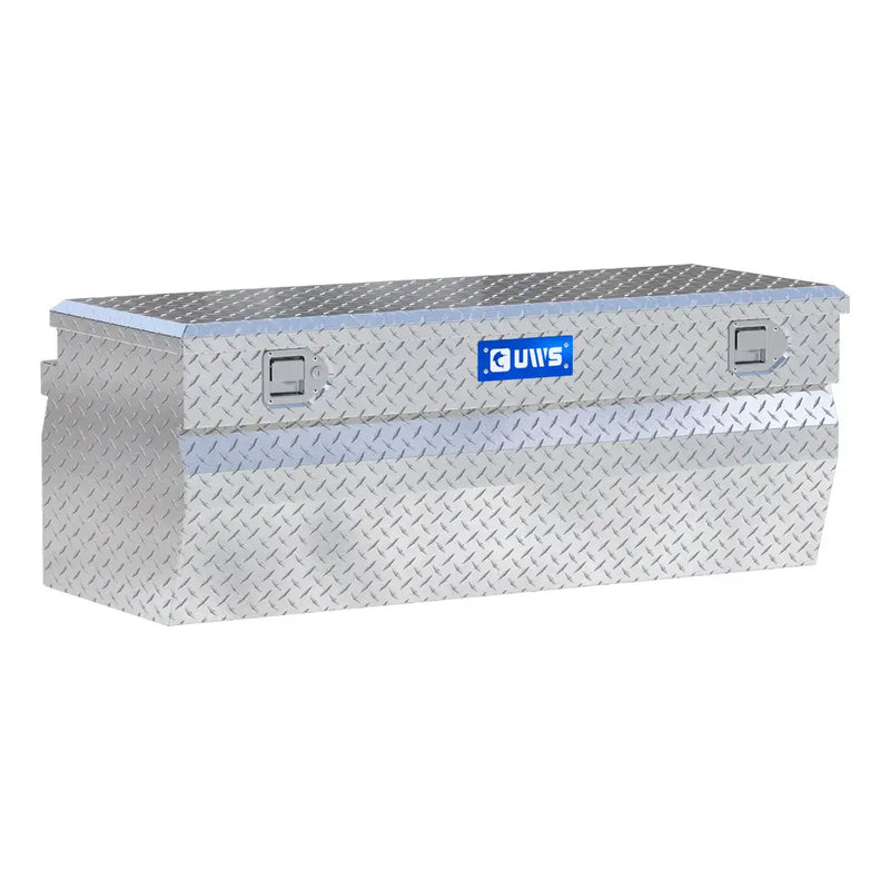 UWS 48" Wedge Utility Chest Box in bright aluminum, front three-quarter studio view with the lid closed