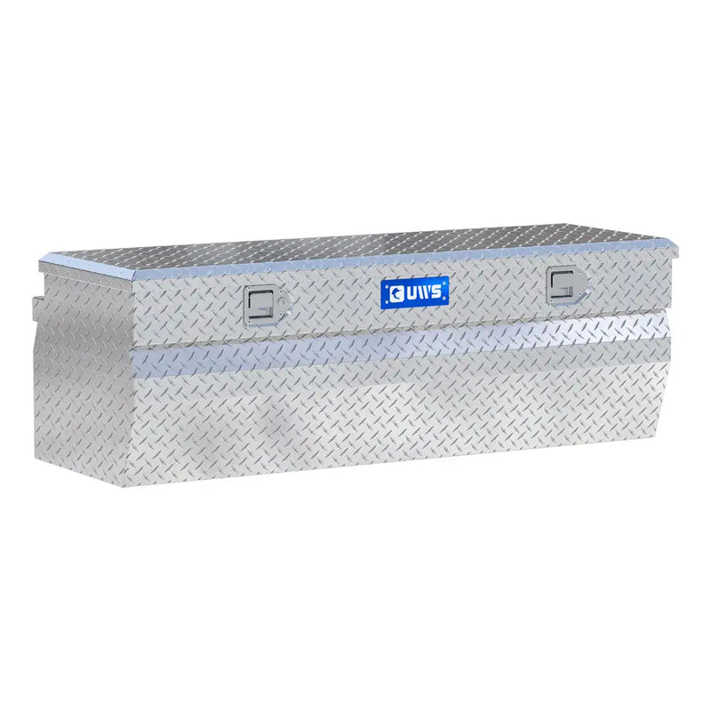 UWS 55" Wedge Utility Chest Box in bright aluminum, front three-quarter studio view with the lid closed