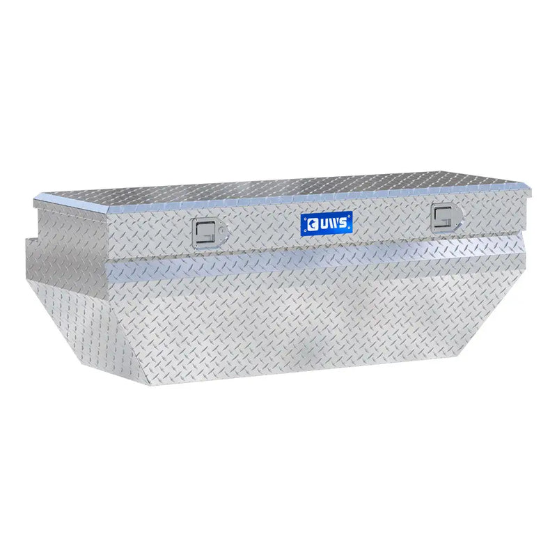 UWS 55" Wedged Angled Utility Chest Box in bright aluminum, front three-quarter studio view with the lid closed