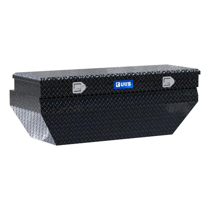 UWS 55" Wedged Angled Utility Chest Box in gloss black, front three-quarter studio view with the lid closed