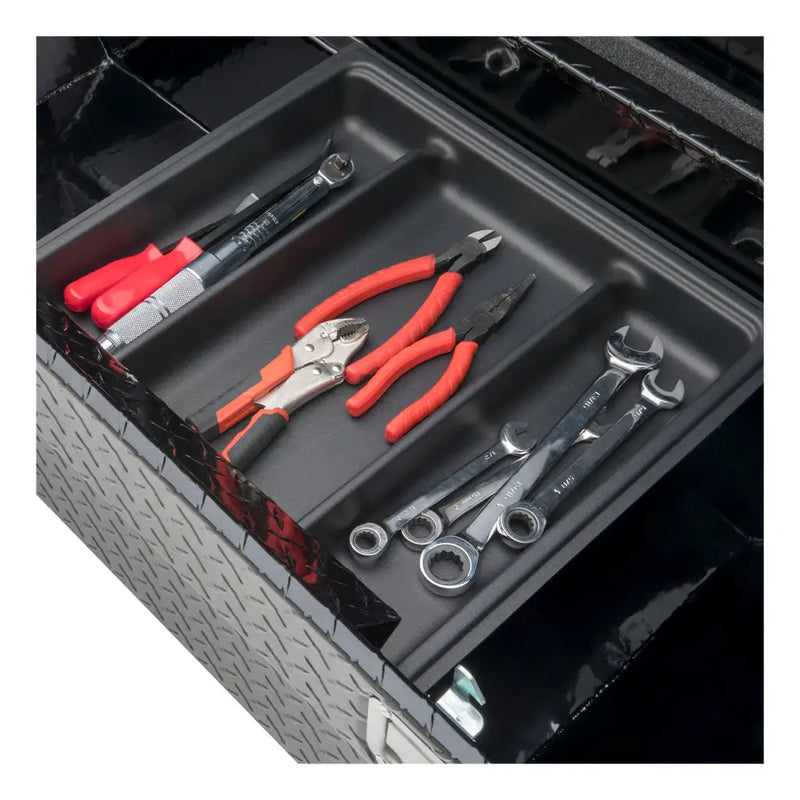 UWS TBS-60-A-BLK 60" gloss black crossover truck tool box, sliding tool tray loaded with hand tools