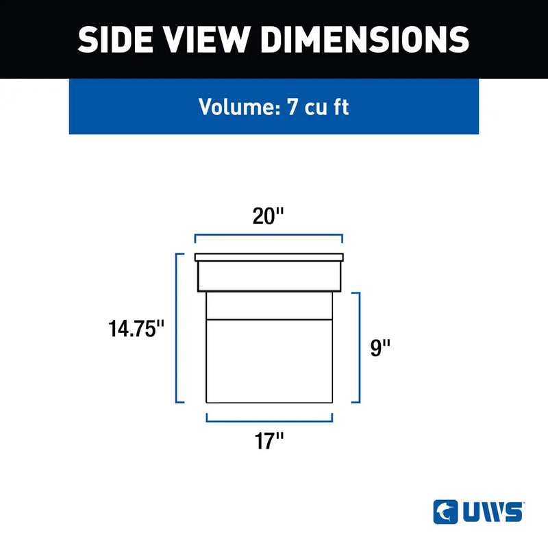 UWS TBS-60-A crossover truck tool box dimension drawing with overall and tub measurements (view 2)