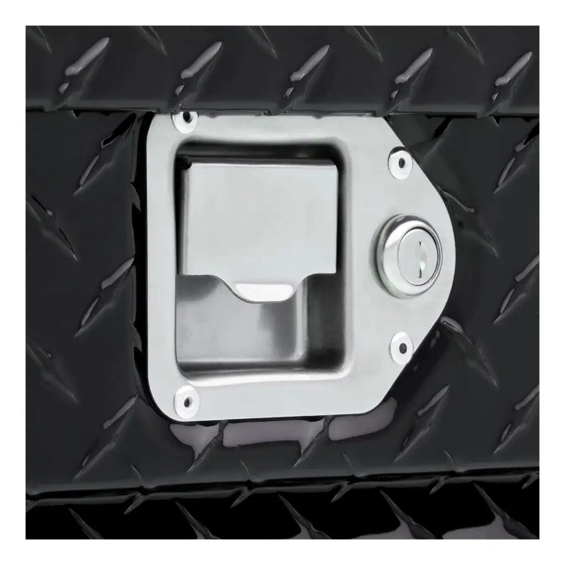 UWS TBS-63-A-BLK 63" gloss black crossover truck tool box, stainless steel paddle lock handle close-up