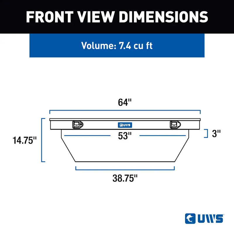 UWS TBS-63-A-BLK crossover truck tool box dimension drawing with overall and tub measurements