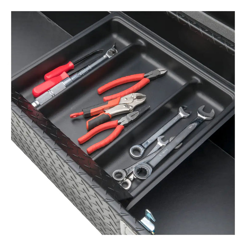 UWS TBS-69-LP-MB 69" matte black crossover truck tool box, sliding tool tray loaded with hand tools