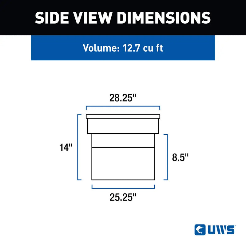 UWS TBS-72-LBTA-BLK crossover truck tool box dimension drawing with overall and tub measurements (view 2)