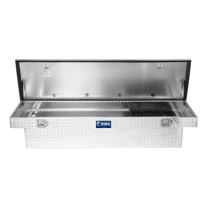 UWS TBS-72-LBTA 72" bright aluminum crossover truck tool box, lid-open front view showing the tray and interior