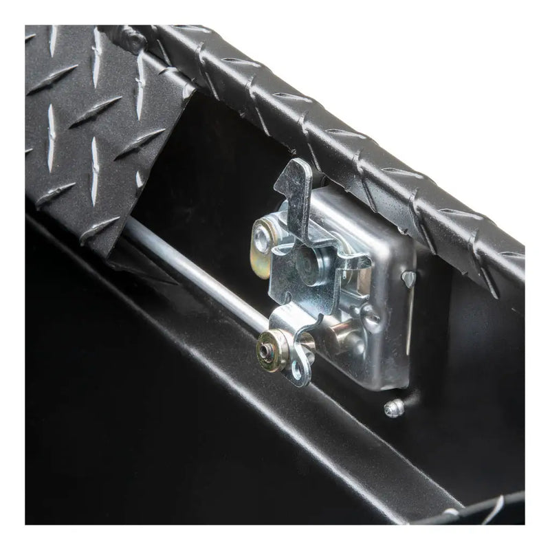 UWS TBS-72-LP-MB 72" matte black crossover truck tool box, interior lock rod and lid stay detail