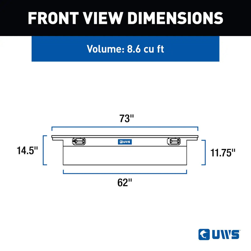 UWS TBS-72-LP-PH-B crossover truck tool box dimension drawing with overall and tub measurements